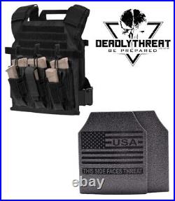 Active Shooter Black Tactical Vest Plate Carrier With Black Level III Armor Plates