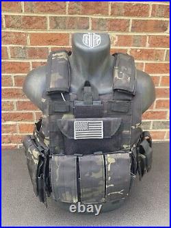 Black Multicam Tactical Vest Plate Carrier With (2) 10x12 Curved/ Side Plates